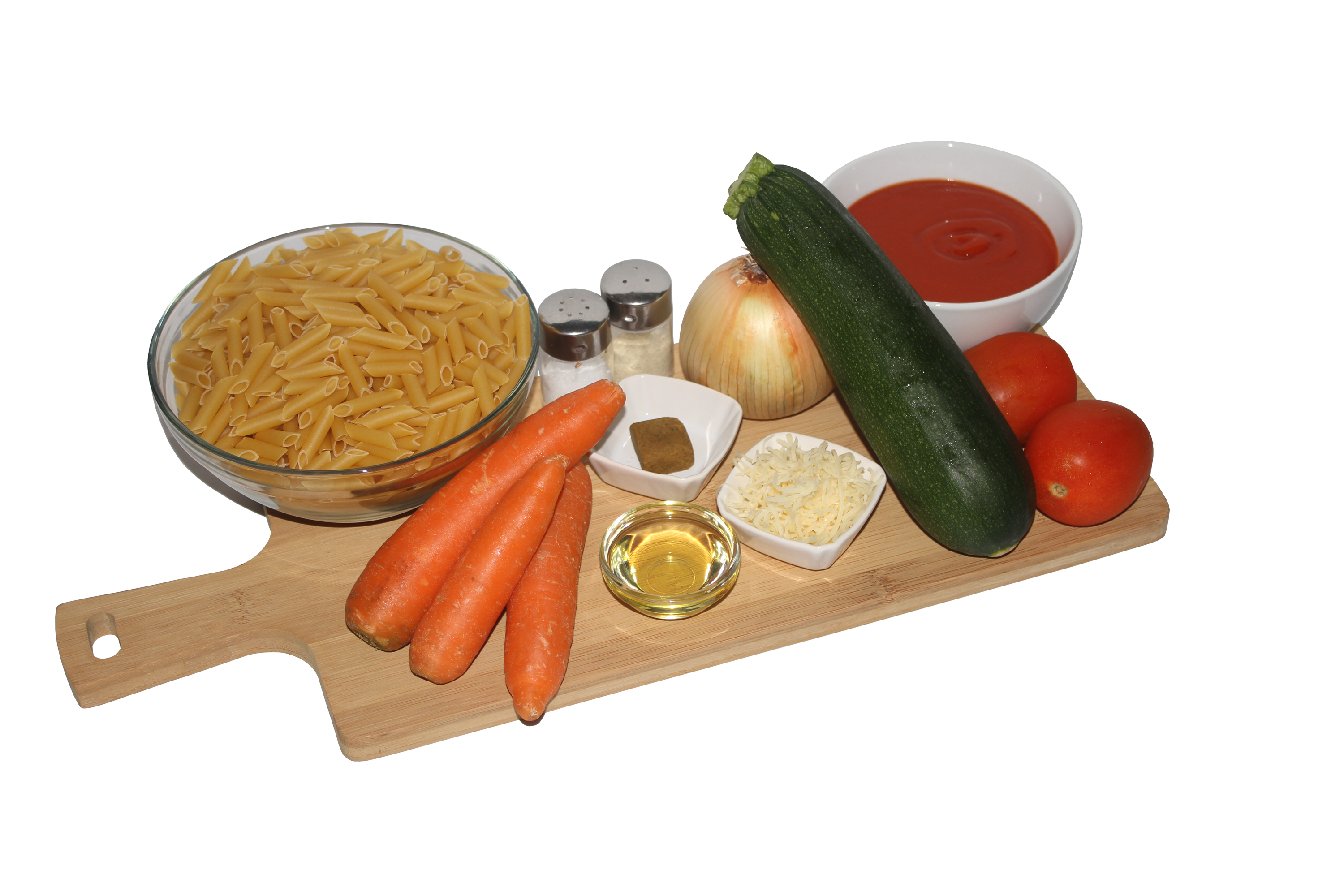 Zutaten für Penne mit Tomaten-Zucchini-Soße